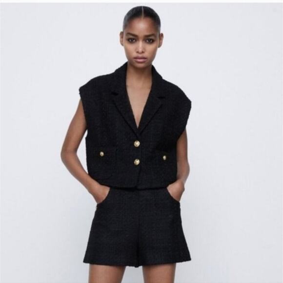 Zara Pants - ZARA High-Waist Black Textured Weave Shorts Button Trim Womens Size XXL NWT